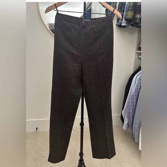 Chanel Brown Tweed Straight Leg Trousers Size 38 Made in France CC Logo Button